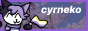 An 88x31 button. A black-purpled hair cat on the left waving the non-binary flag, text 'cyrneko' on the right. The background is clouds on the sky.